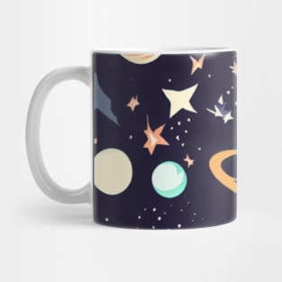 A space-themed pattern featuring stars, planets, and other cosmic elements. Mug